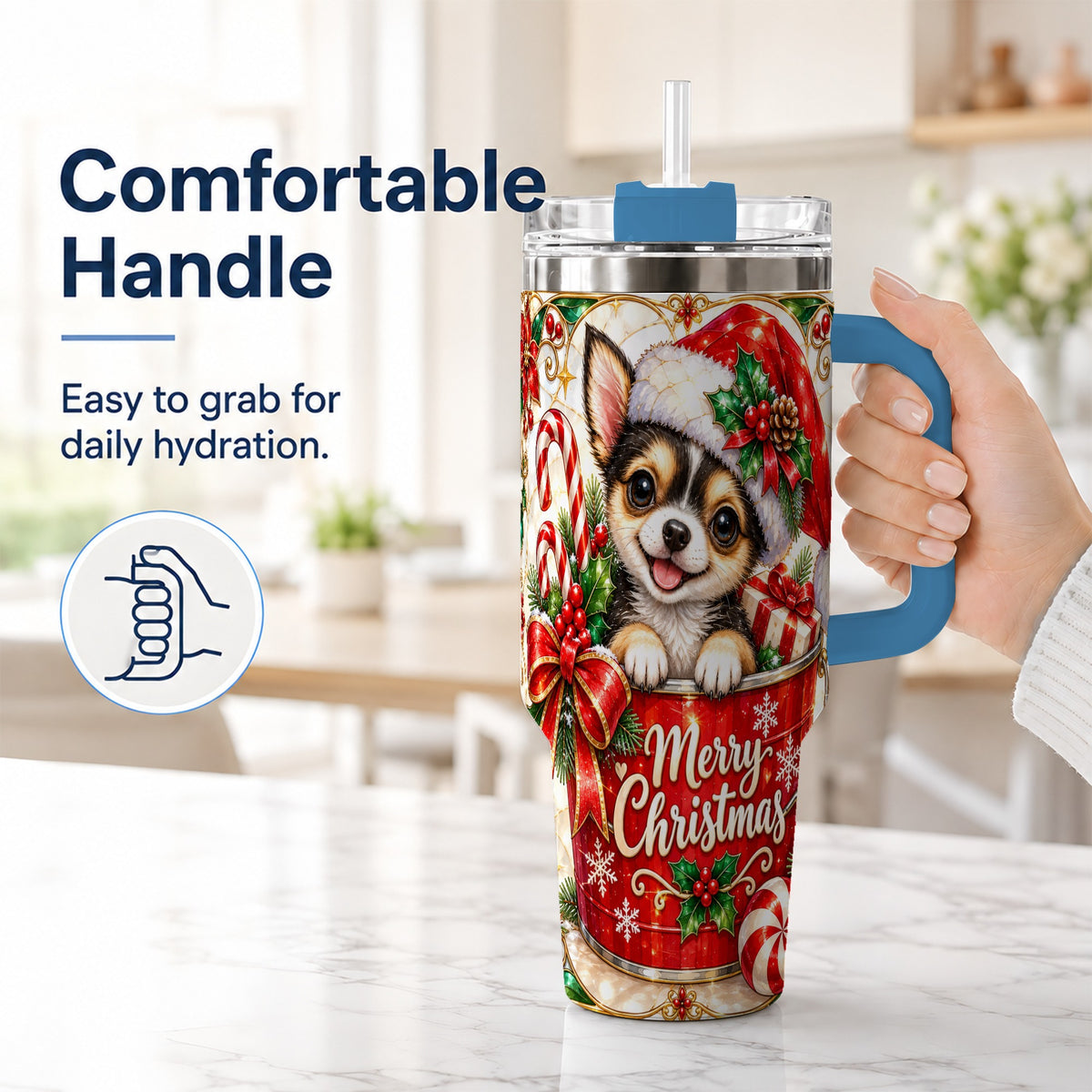 #pl[40oz|Blue] Christmas Chihuahua 40oz Tumbler with Handle, Holiday Dog Travel Cup