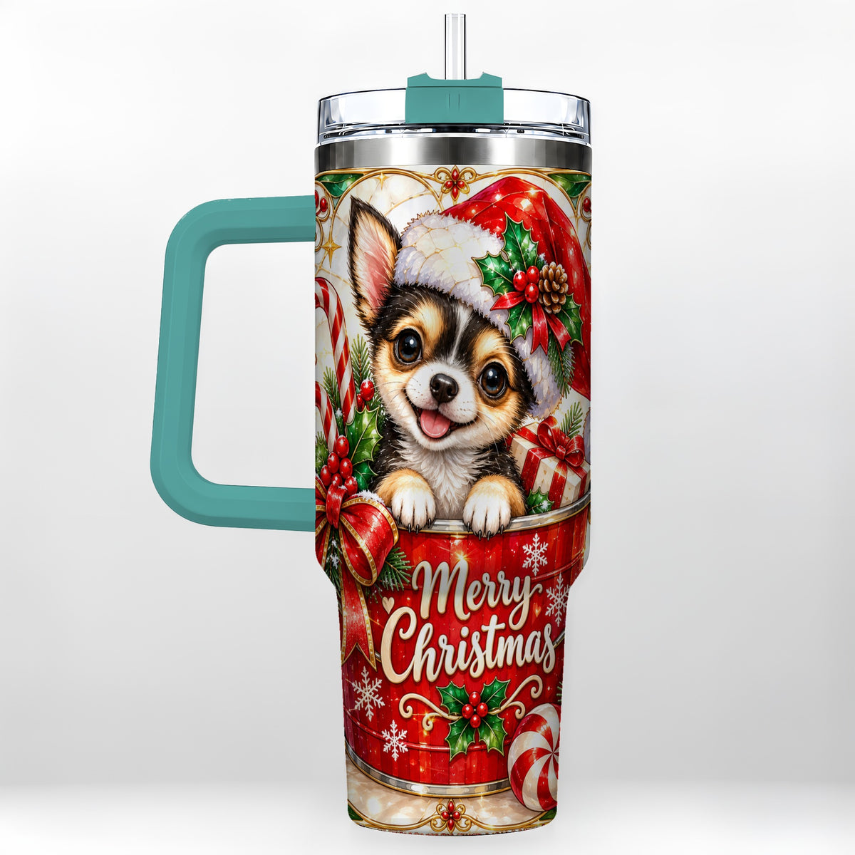 #pl[40oz|Green] Christmas Chihuahua 40oz Tumbler with Handle, Holiday Dog Travel Cup