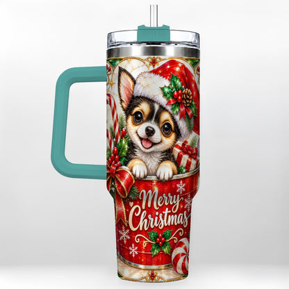 #pl[40oz|Green] Christmas Chihuahua 40oz Tumbler with Handle, Holiday Dog Travel Cup