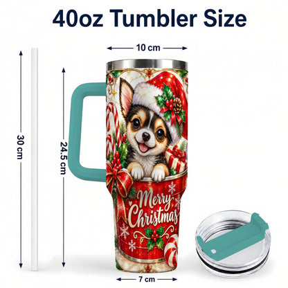 #pl[40oz|Green] Christmas Chihuahua 40oz Tumbler with Handle, Holiday Dog Travel Cup