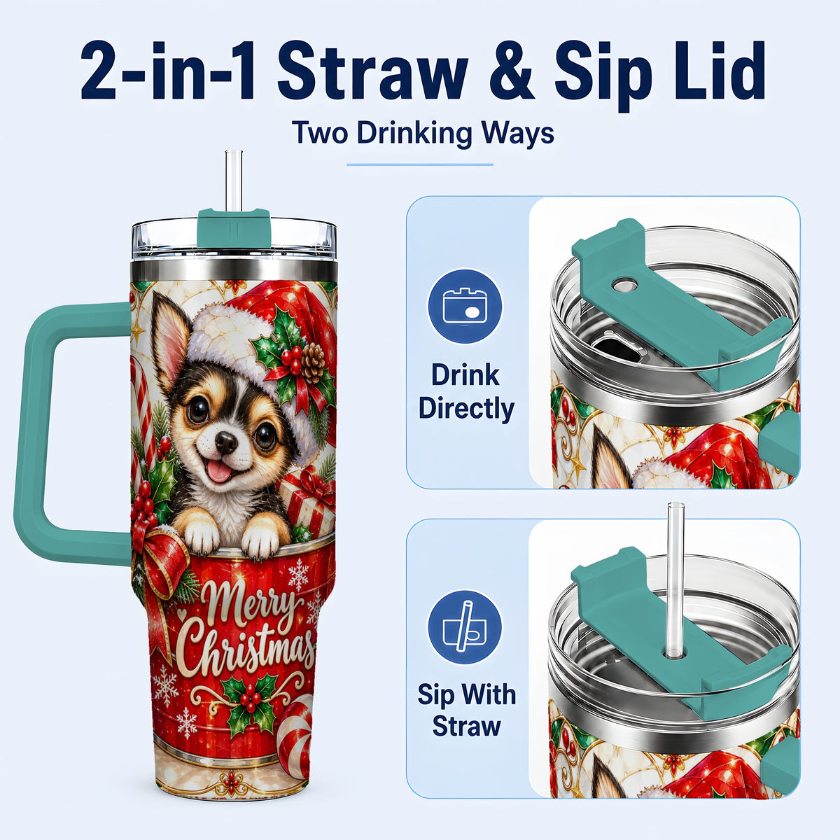 #pl[40oz|Green] Christmas Chihuahua 40oz Tumbler with Handle, Holiday Dog Travel Cup