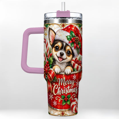 #pl[40oz|Pink] Christmas Chihuahua 40oz Tumbler with Handle, Holiday Dog Travel Cup