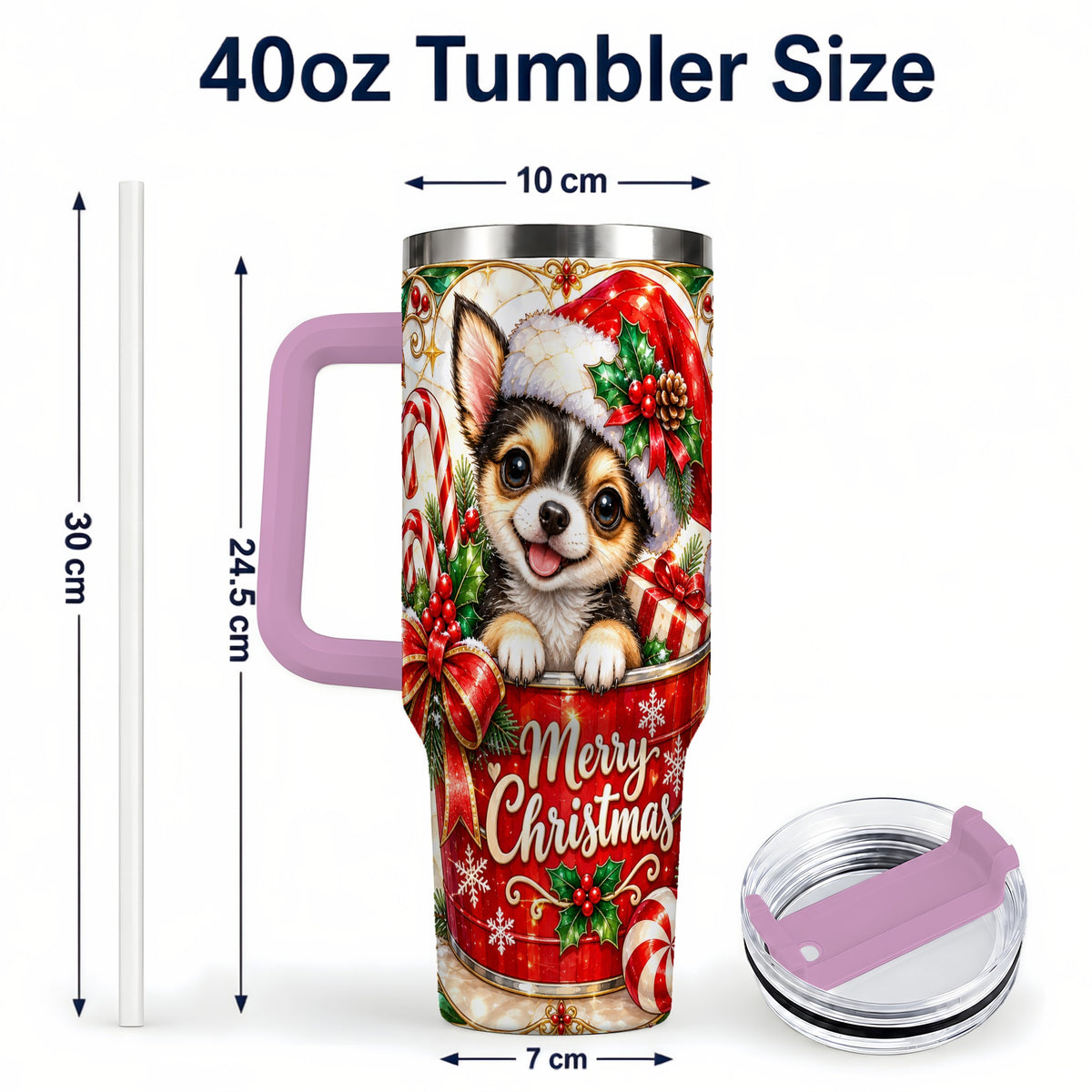 #pl[40oz|Pink] Christmas Chihuahua 40oz Tumbler with Handle, Holiday Dog Travel Cup