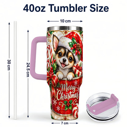 #pl[40oz|Pink] Christmas Chihuahua 40oz Tumbler with Handle, Holiday Dog Travel Cup