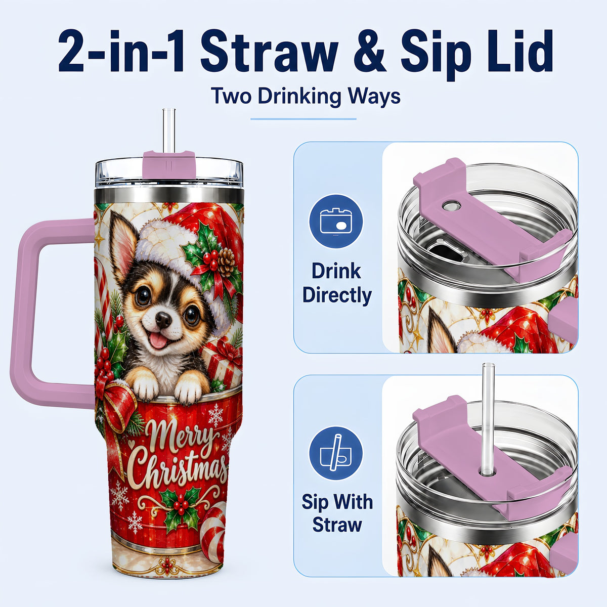 #pl[40oz|Pink] Christmas Chihuahua 40oz Tumbler with Handle, Holiday Dog Travel Cup