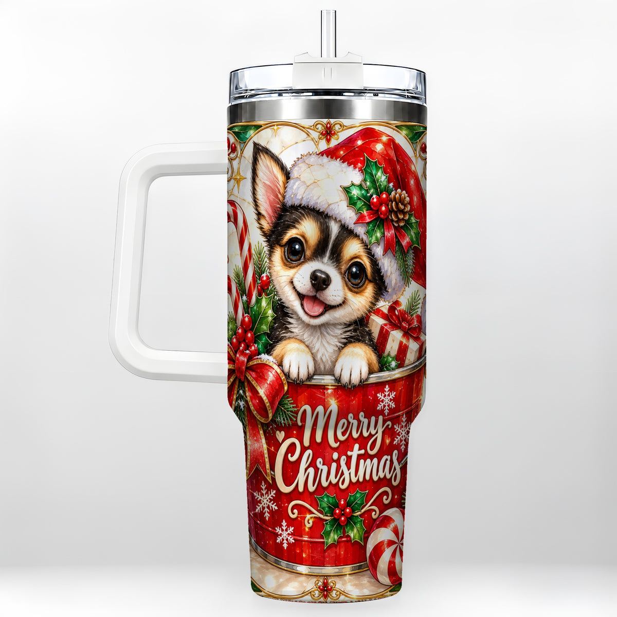 Christmas Chihuahua 40oz Tumbler with Handle, Holiday Dog Travel Cup