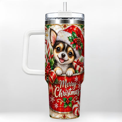Christmas Chihuahua 40oz Tumbler with Handle, Holiday Dog Travel Cup