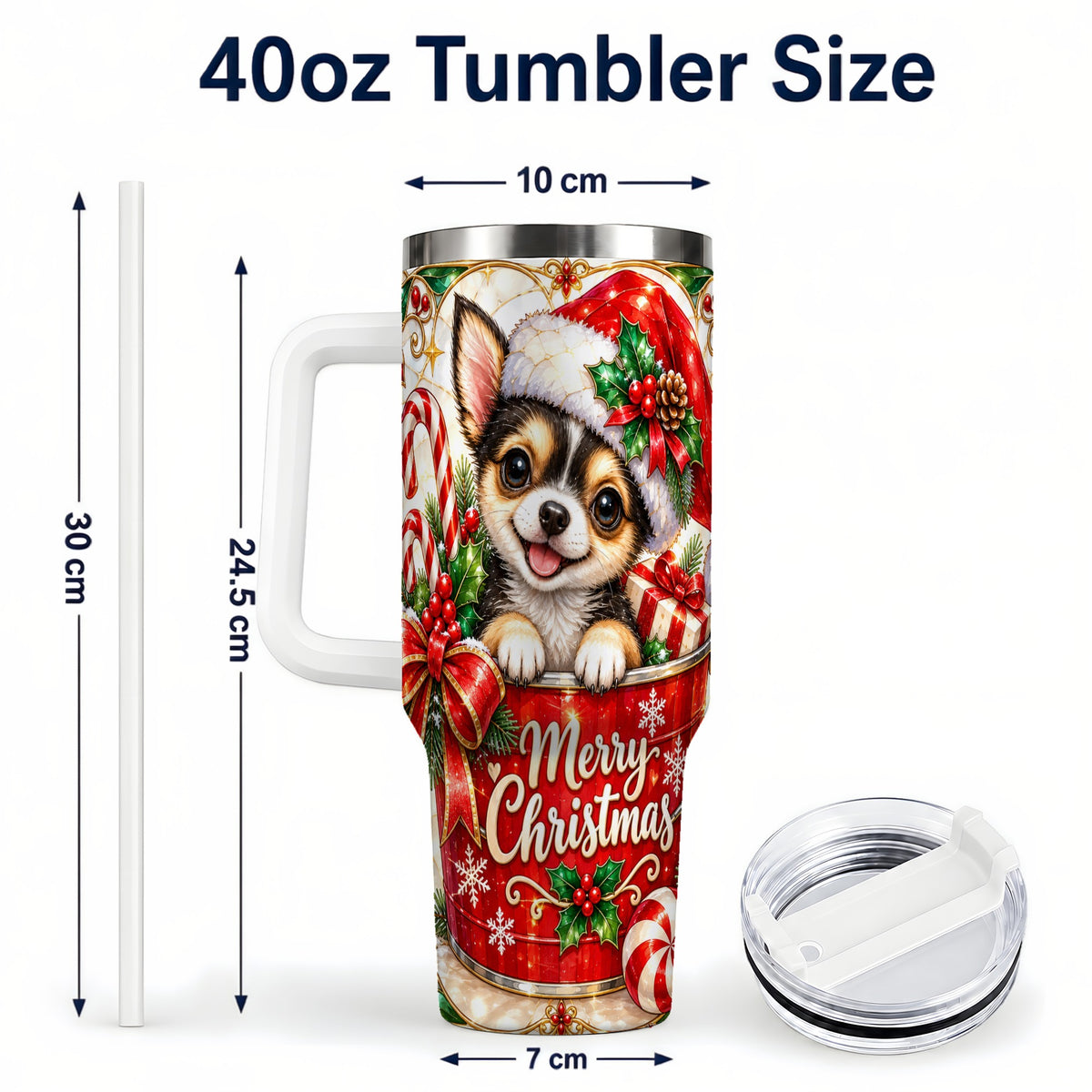 #pl[40oz|White] Christmas Chihuahua 40oz Tumbler with Handle, Holiday Dog Travel Cup
