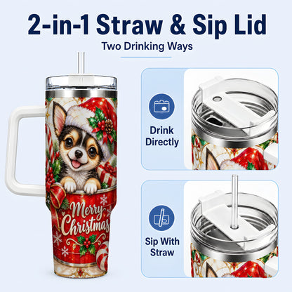 #pl[40oz|White] Christmas Chihuahua 40oz Tumbler with Handle, Holiday Dog Travel Cup