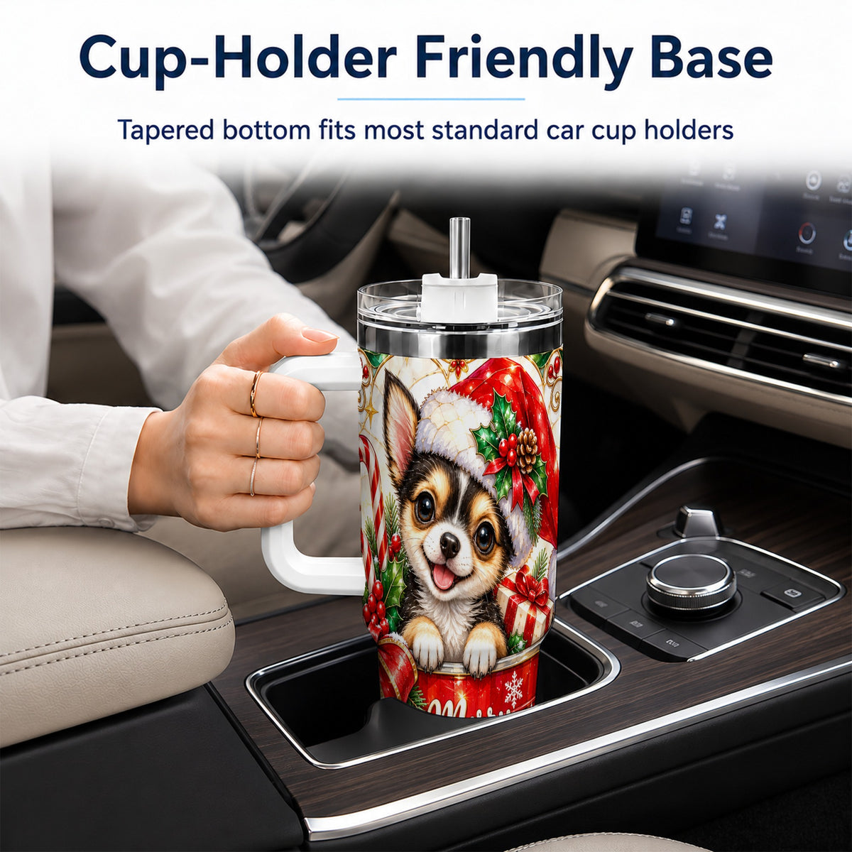 Christmas Chihuahua 40oz Tumbler with Handle, Holiday Dog Travel Cup