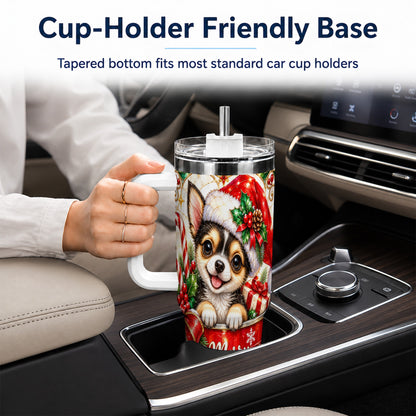 Christmas Chihuahua 40oz Tumbler with Handle, Holiday Dog Travel Cup