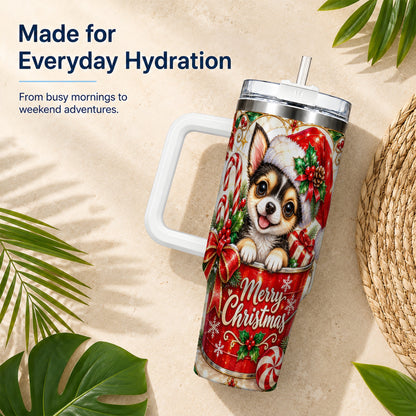 Christmas Chihuahua 40oz Tumbler with Handle, Holiday Dog Travel Cup