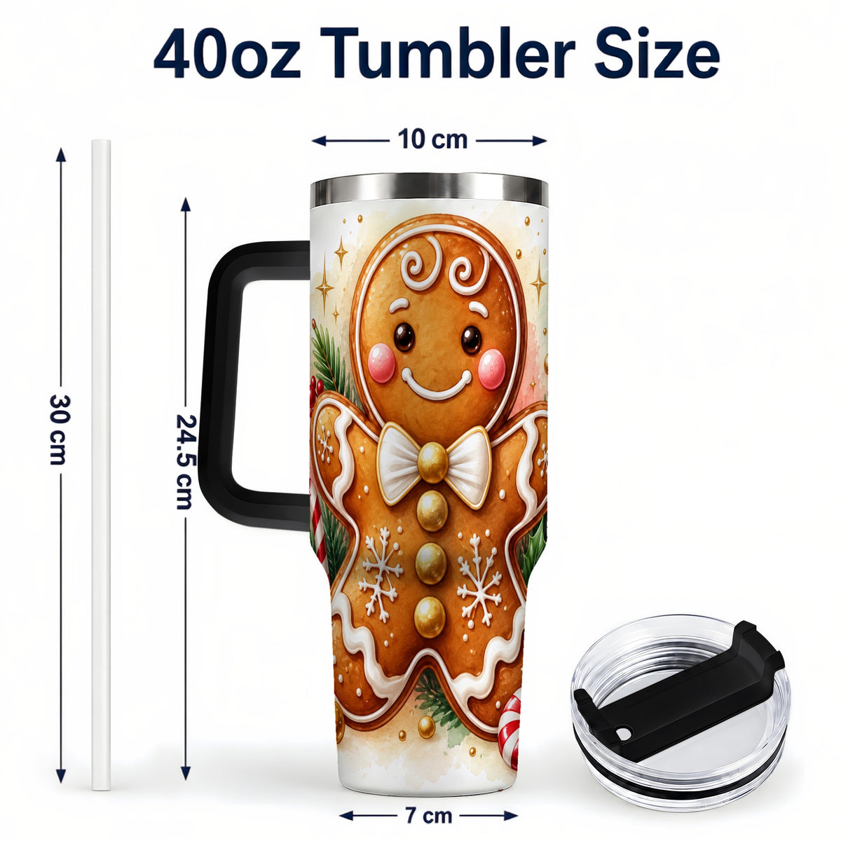 #pl[40oz|Black] Gingerbread Man 40oz Tumbler with Handle, Christmas Cookie Travel Cup