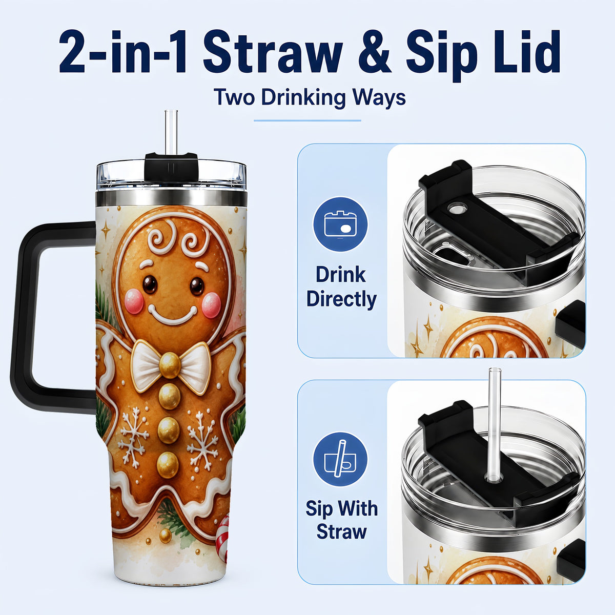 #pl[40oz|Black] Gingerbread Man 40oz Tumbler with Handle, Christmas Cookie Travel Cup