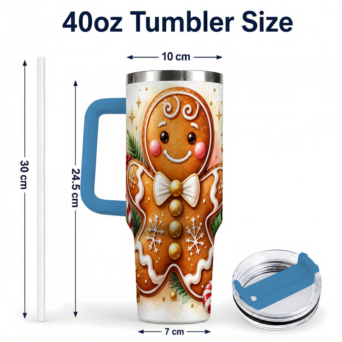 #pl[40oz|Blue] Gingerbread Man 40oz Tumbler with Handle, Christmas Cookie Travel Cup