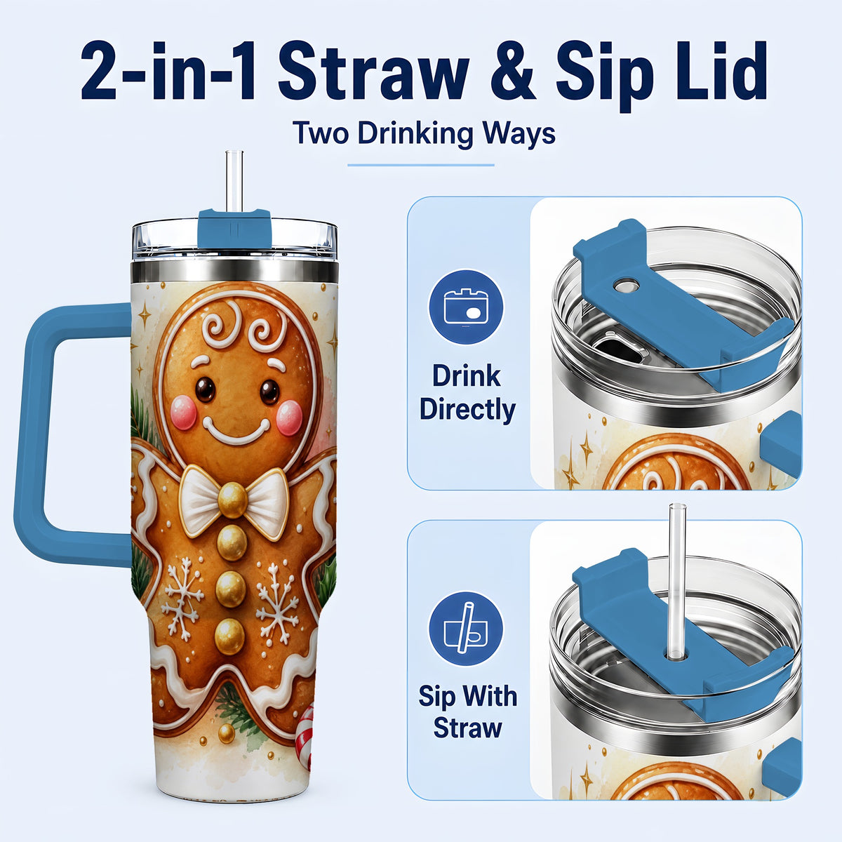 #pl[40oz|Blue] Gingerbread Man 40oz Tumbler with Handle, Christmas Cookie Travel Cup