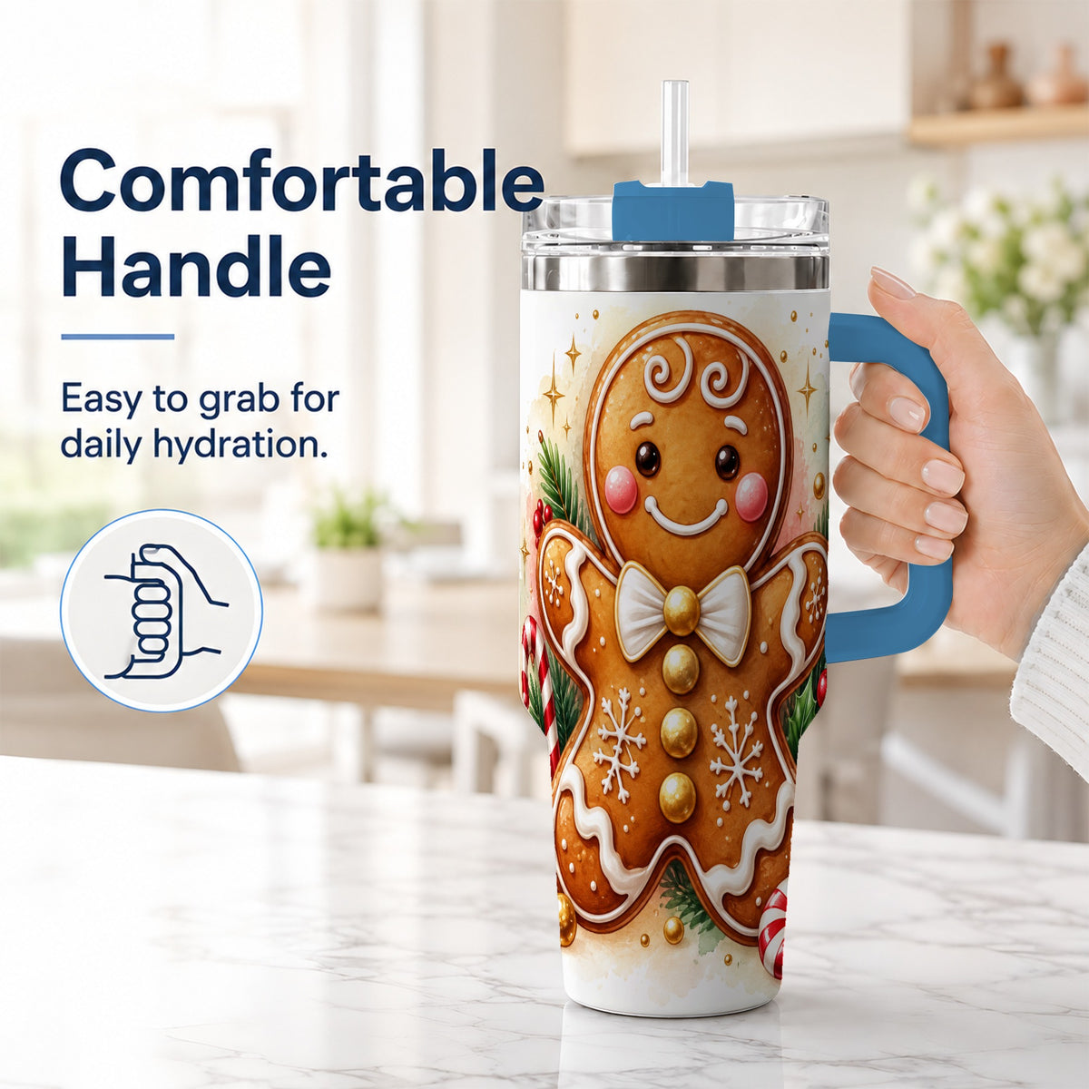 #pl[40oz|Blue] Gingerbread Man 40oz Tumbler with Handle, Christmas Cookie Travel Cup
