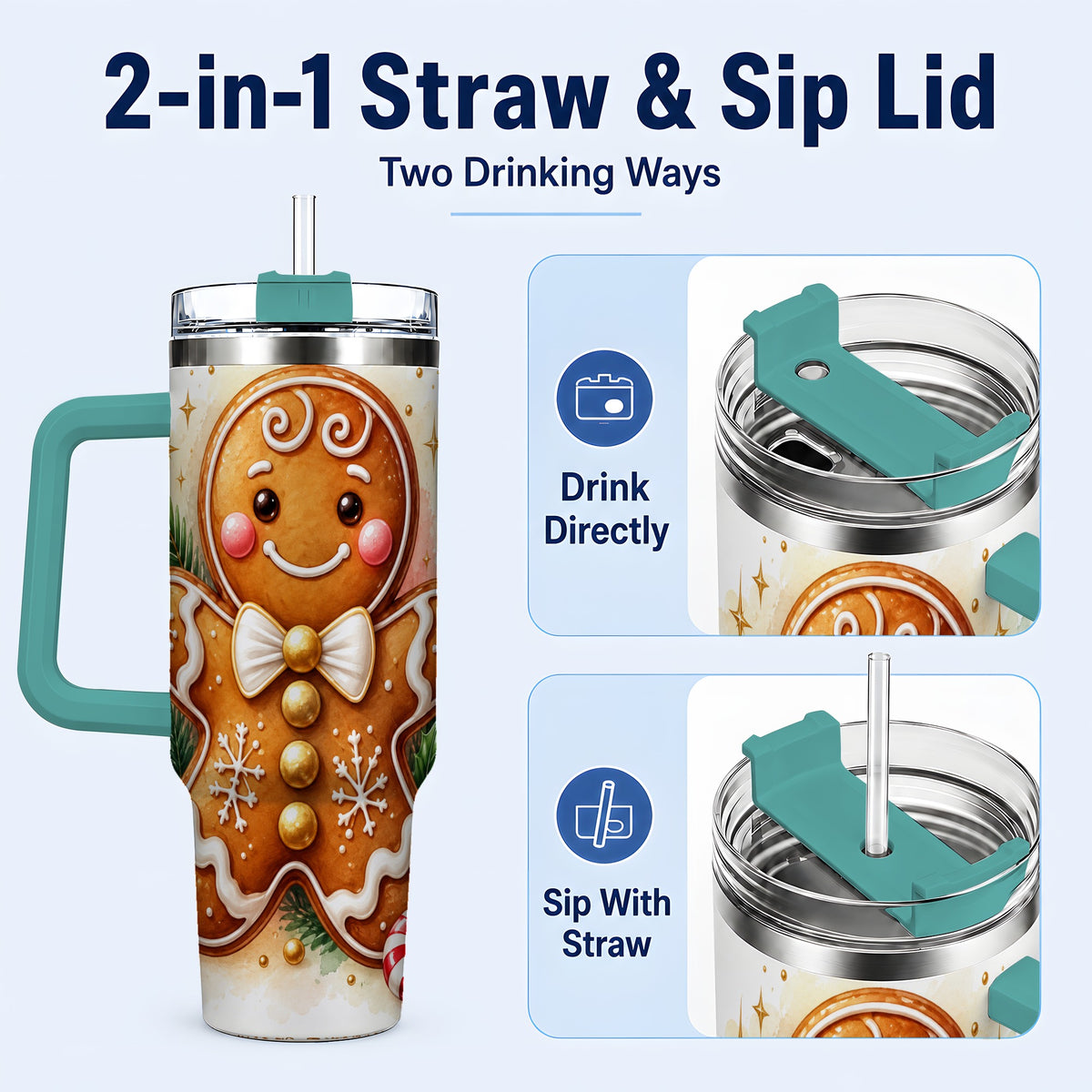 #pl[40oz|Green] Gingerbread Man 40oz Tumbler with Handle, Christmas Cookie Travel Cup