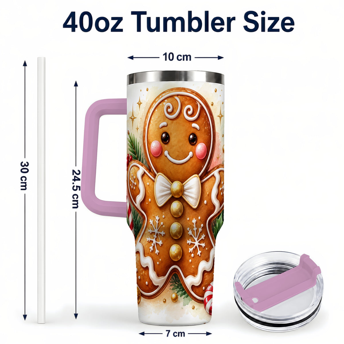 #pl[40oz|Pink] Gingerbread Man 40oz Tumbler with Handle, Christmas Cookie Travel Cup