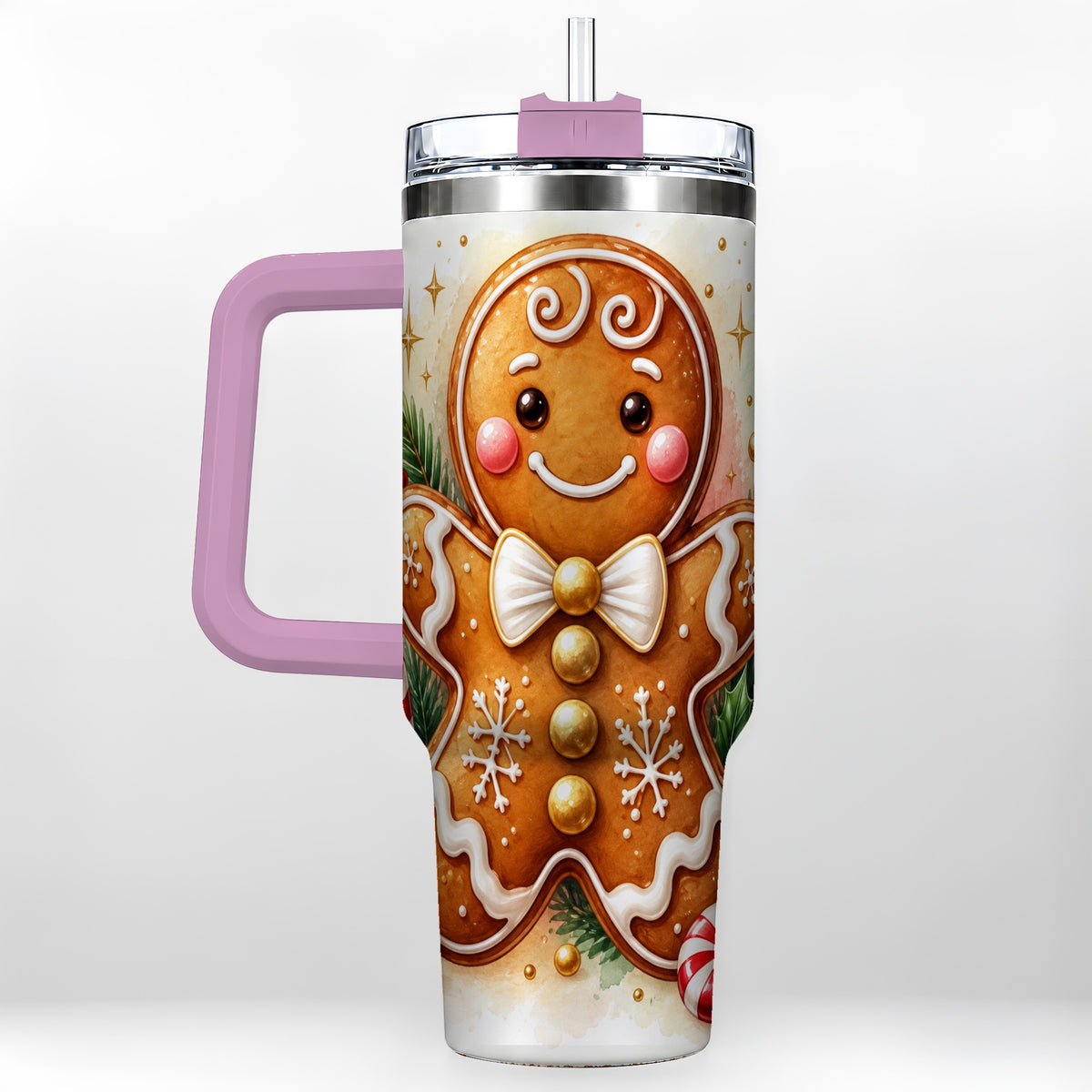 #pl[40oz|Pink] Gingerbread Man 40oz Tumbler with Handle, Christmas Cookie Travel Cup
