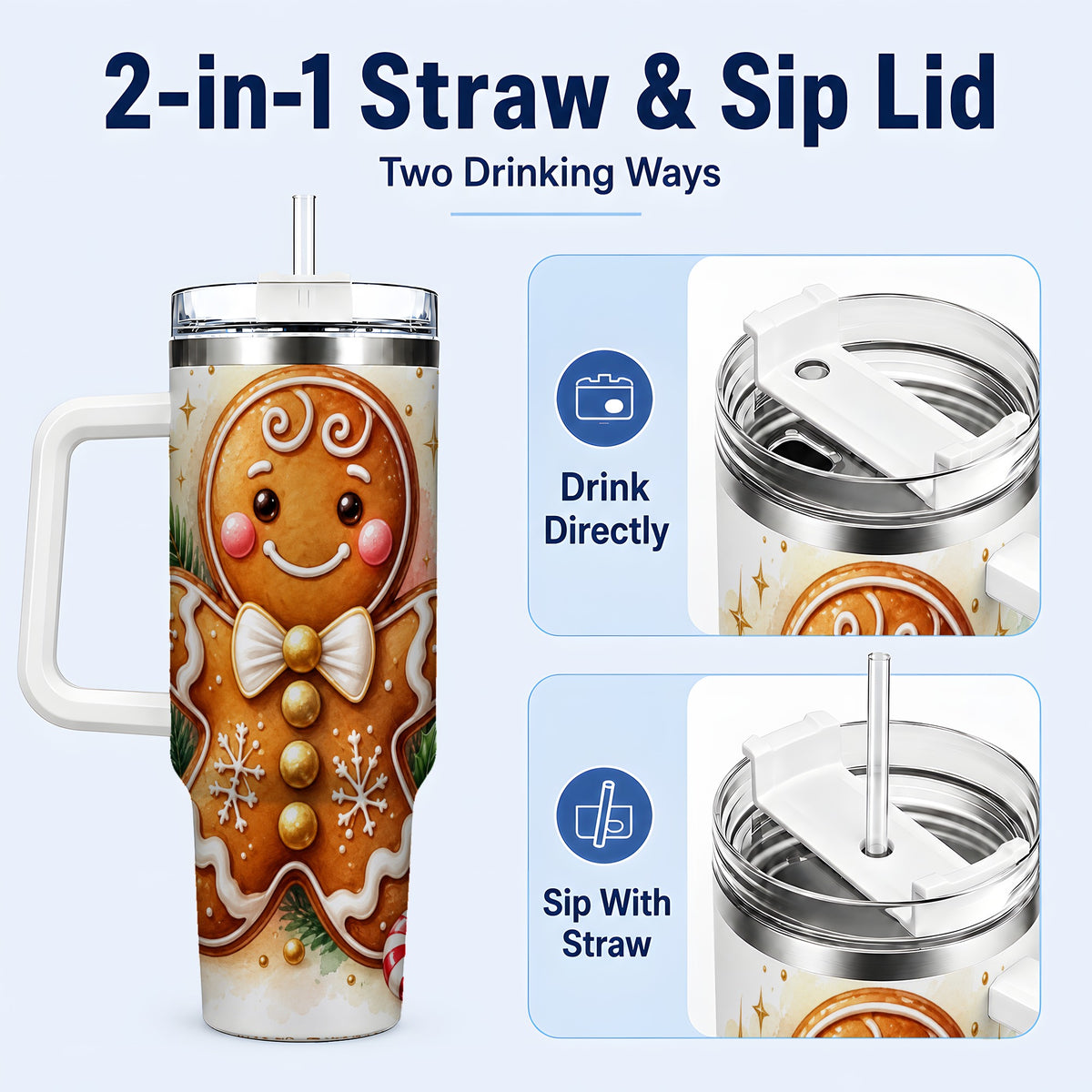 #pl[40oz|White] Gingerbread Man 40oz Tumbler with Handle, Christmas Cookie Travel Cup