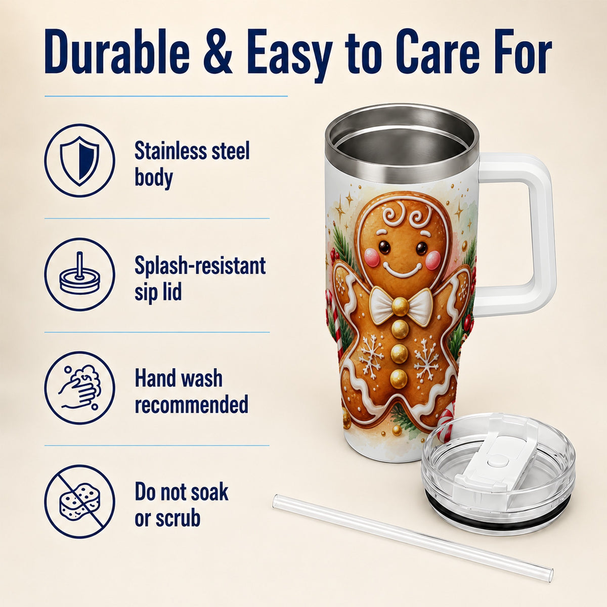 Gingerbread Man 40oz Tumbler with Handle, Christmas Cookie Travel Cup
