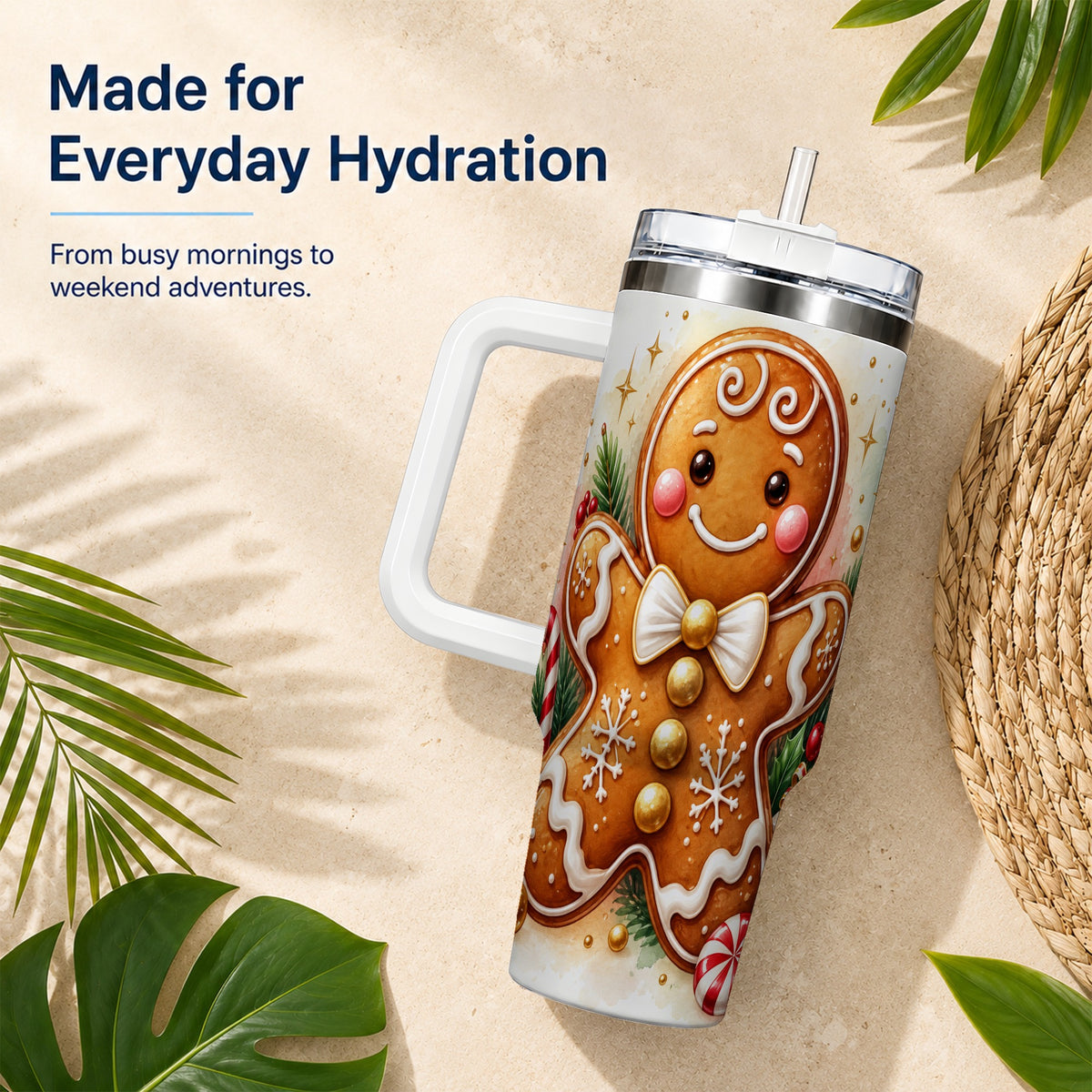 Gingerbread Man 40oz Tumbler with Handle, Christmas Cookie Travel Cup