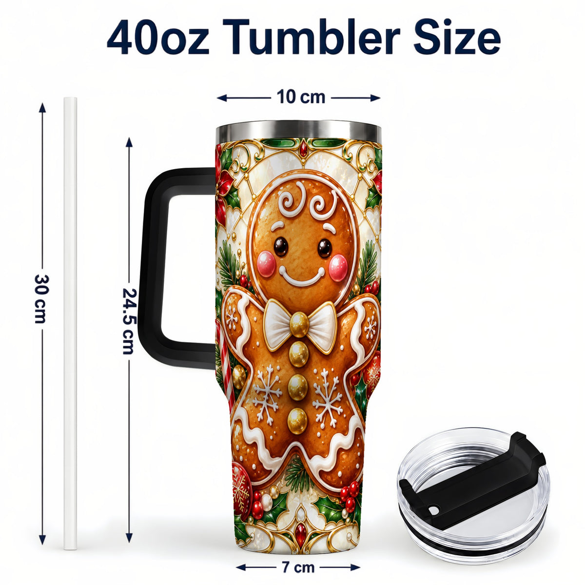 #pl[40oz|Black] Gingerbread Man 40oz Tumbler with Handle, Festive Cookie Travel Cup
