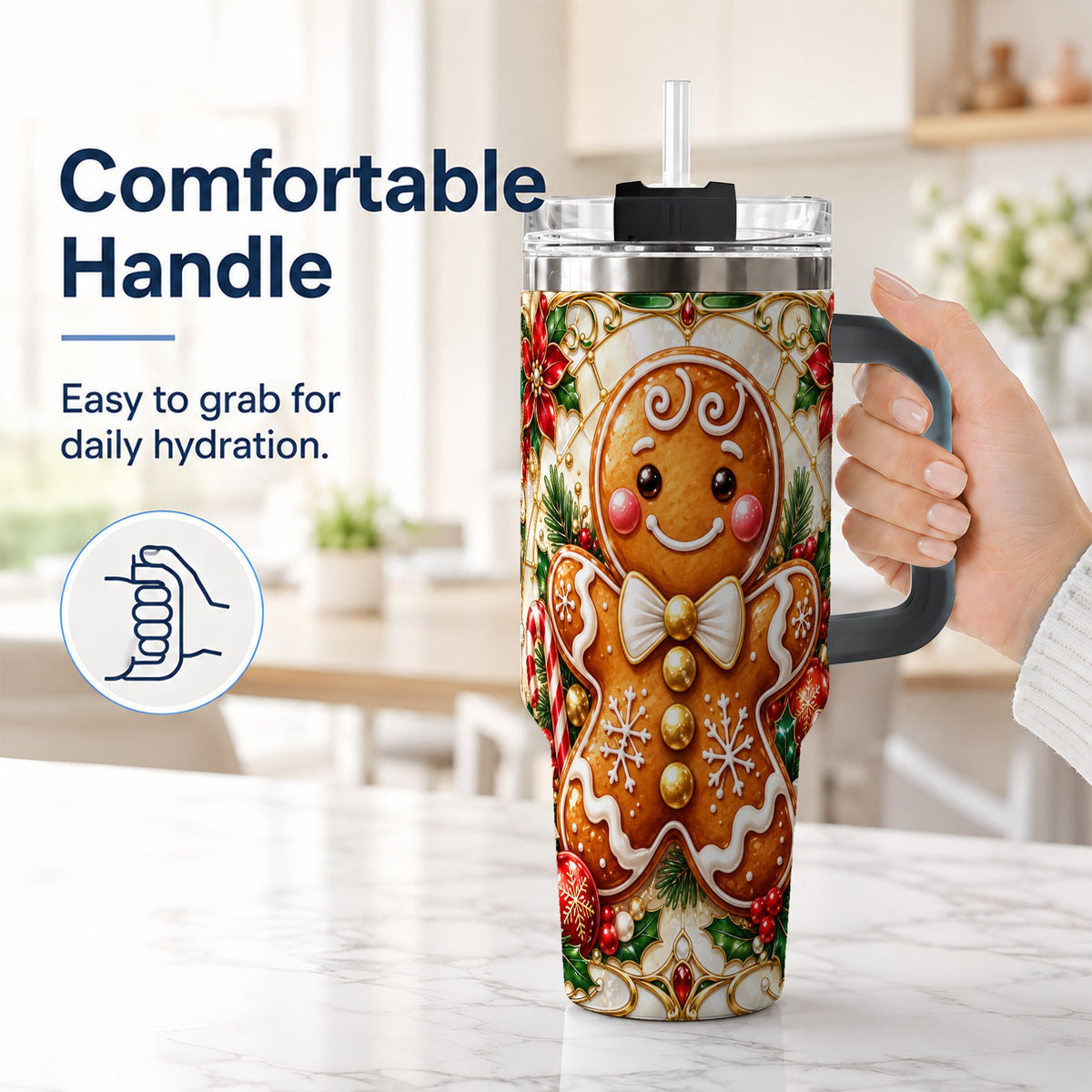 #pl[40oz|Black] Gingerbread Man 40oz Tumbler with Handle, Festive Cookie Travel Cup