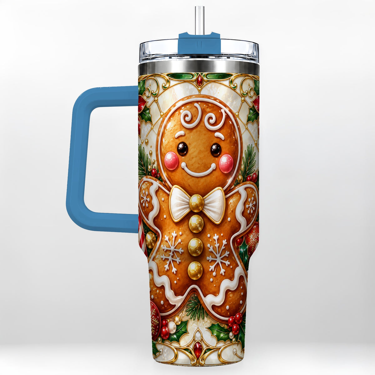 #pl[40oz|Blue] Gingerbread Man 40oz Tumbler with Handle, Festive Cookie Travel Cup