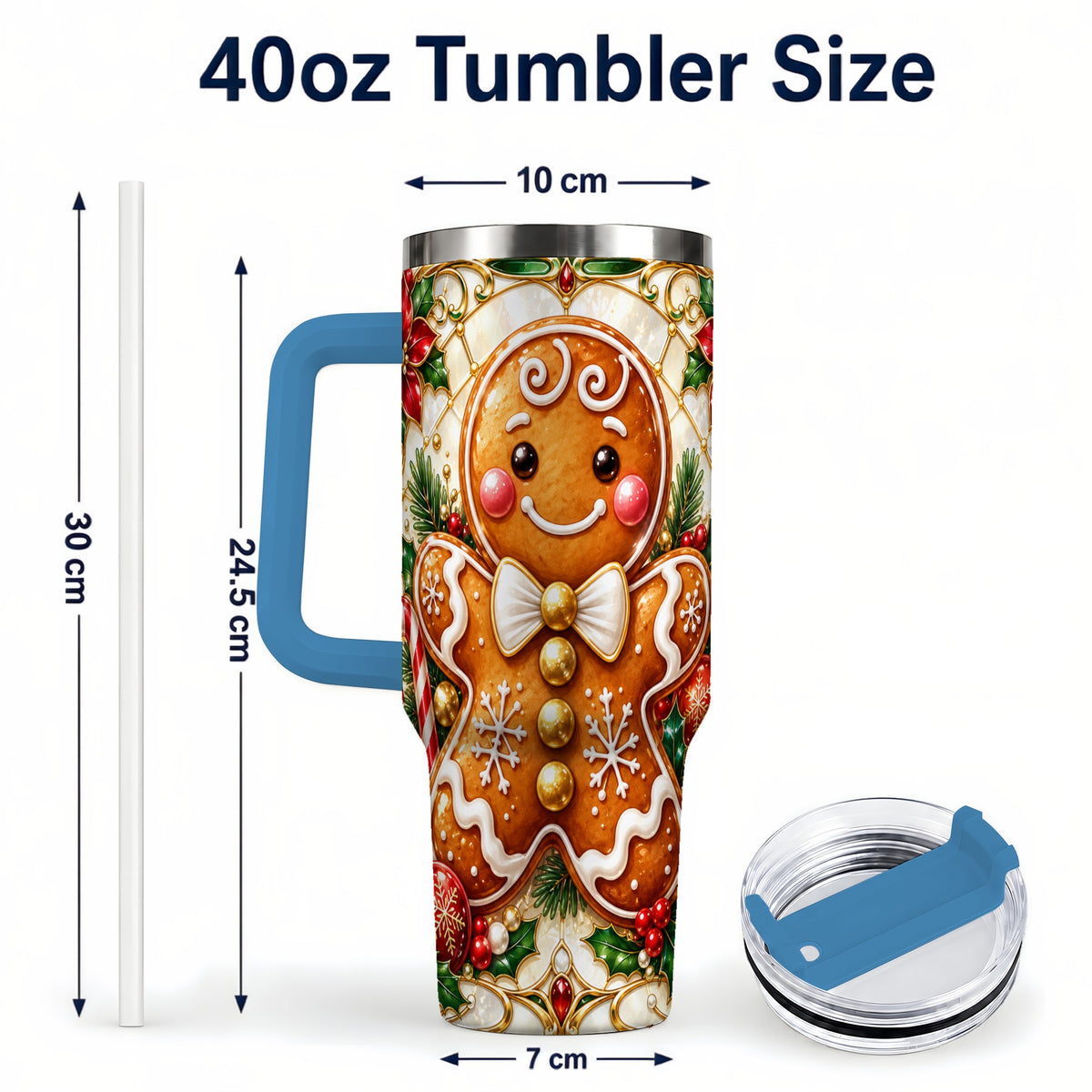 #pl[40oz|Blue] Gingerbread Man 40oz Tumbler with Handle, Festive Cookie Travel Cup
