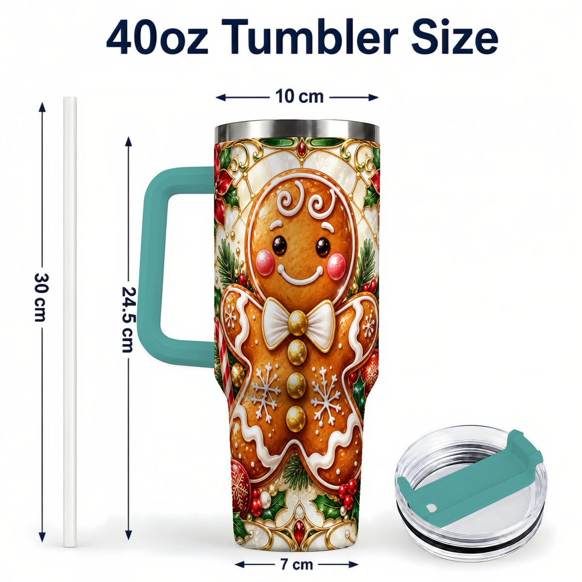 #pl[40oz|Green] Gingerbread Man 40oz Tumbler with Handle, Festive Cookie Travel Cup