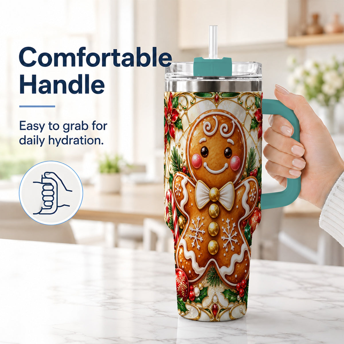 #pl[40oz|Green] Gingerbread Man 40oz Tumbler with Handle, Festive Cookie Travel Cup