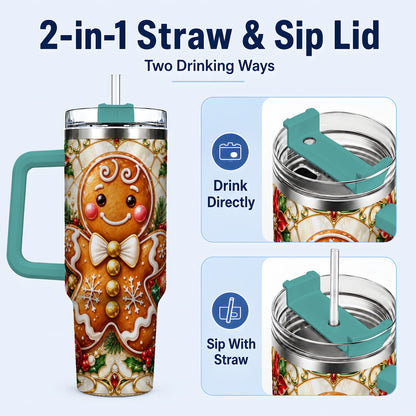 #pl[40oz|Green] Gingerbread Man 40oz Tumbler with Handle, Festive Cookie Travel Cup