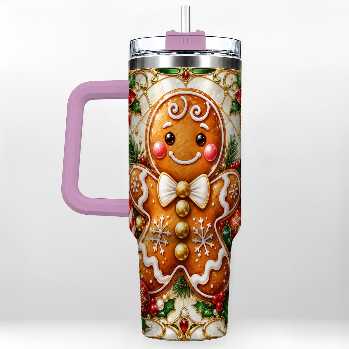#pl[40oz|Pink] Gingerbread Man 40oz Tumbler with Handle, Festive Cookie Travel Cup