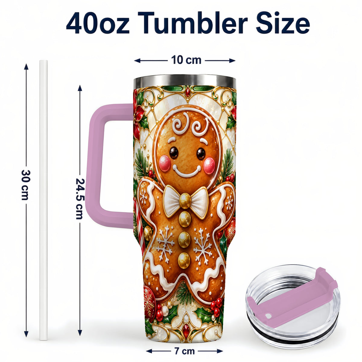 #pl[40oz|Pink] Gingerbread Man 40oz Tumbler with Handle, Festive Cookie Travel Cup
