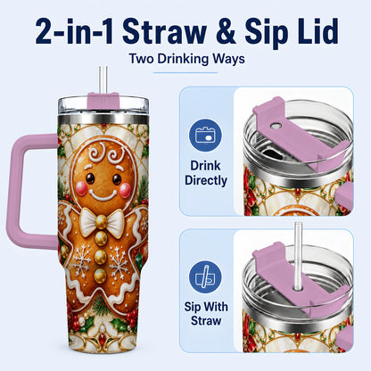 #pl[40oz|Pink] Gingerbread Man 40oz Tumbler with Handle, Festive Cookie Travel Cup
