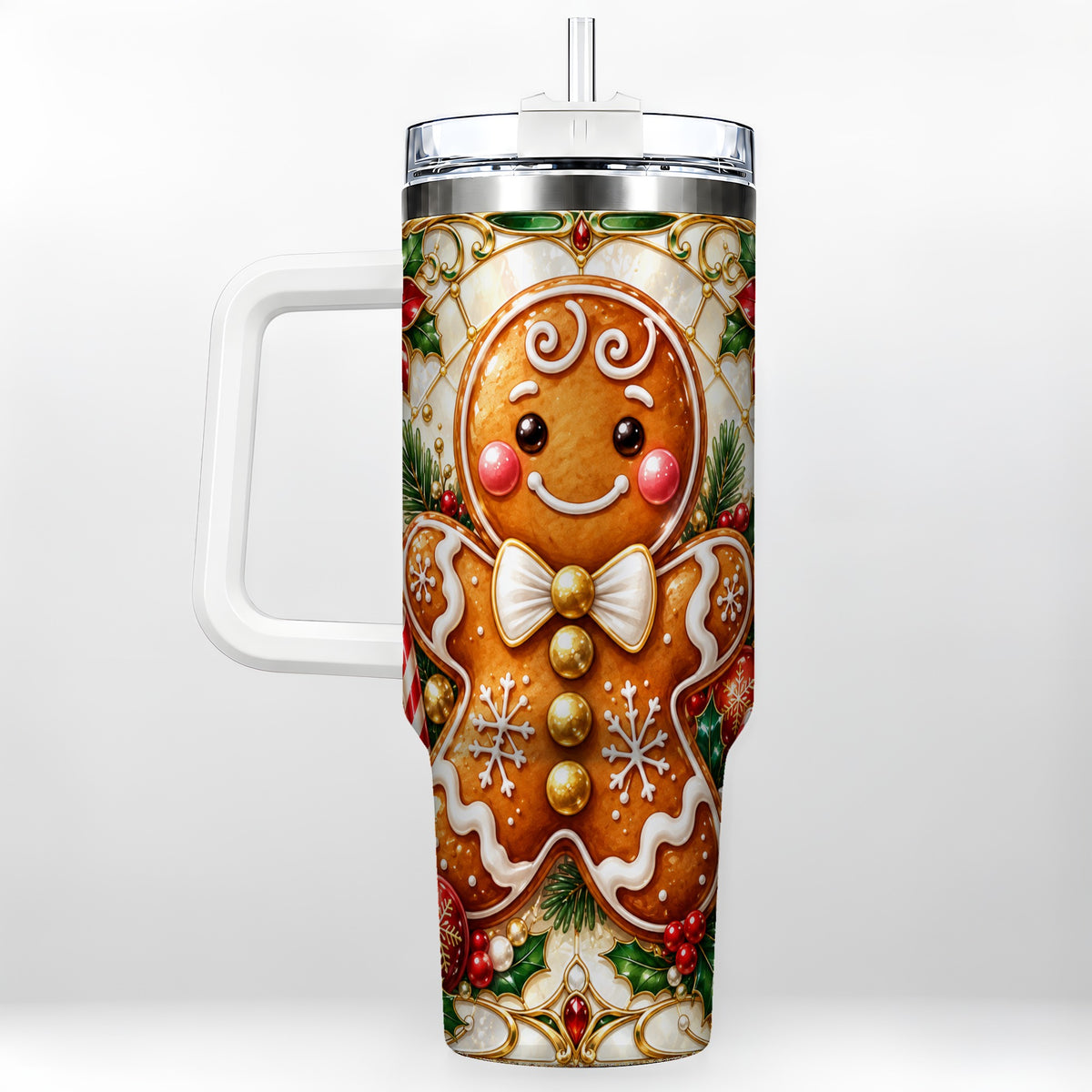 Gingerbread Man 40oz Tumbler with Handle, Festive Cookie Travel Cup