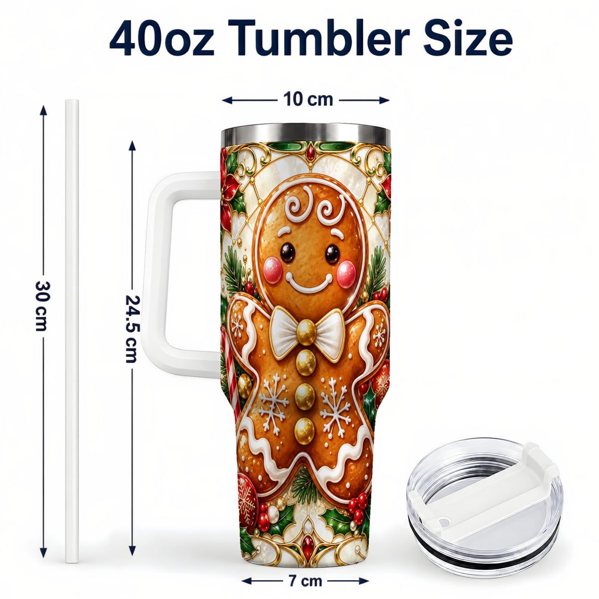 #pl[40oz|White] Gingerbread Man 40oz Tumbler with Handle, Festive Cookie Travel Cup