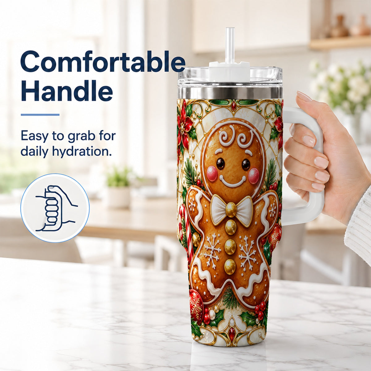 #pl[40oz|White] Gingerbread Man 40oz Tumbler with Handle, Festive Cookie Travel Cup