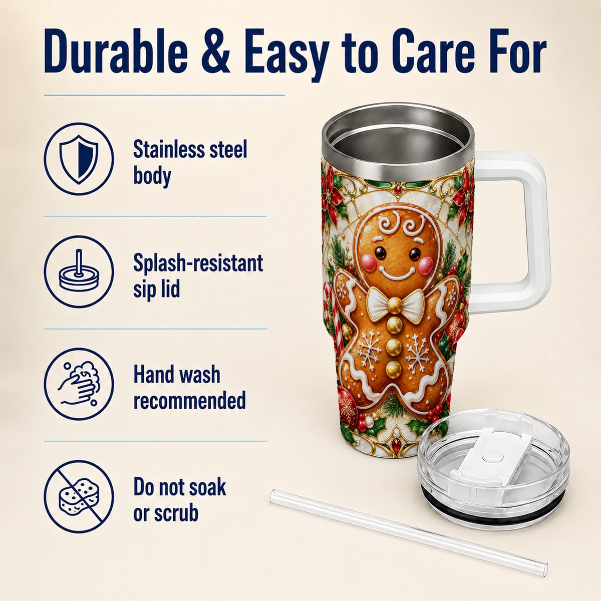 Gingerbread Man 40oz Tumbler with Handle, Festive Cookie Travel Cup