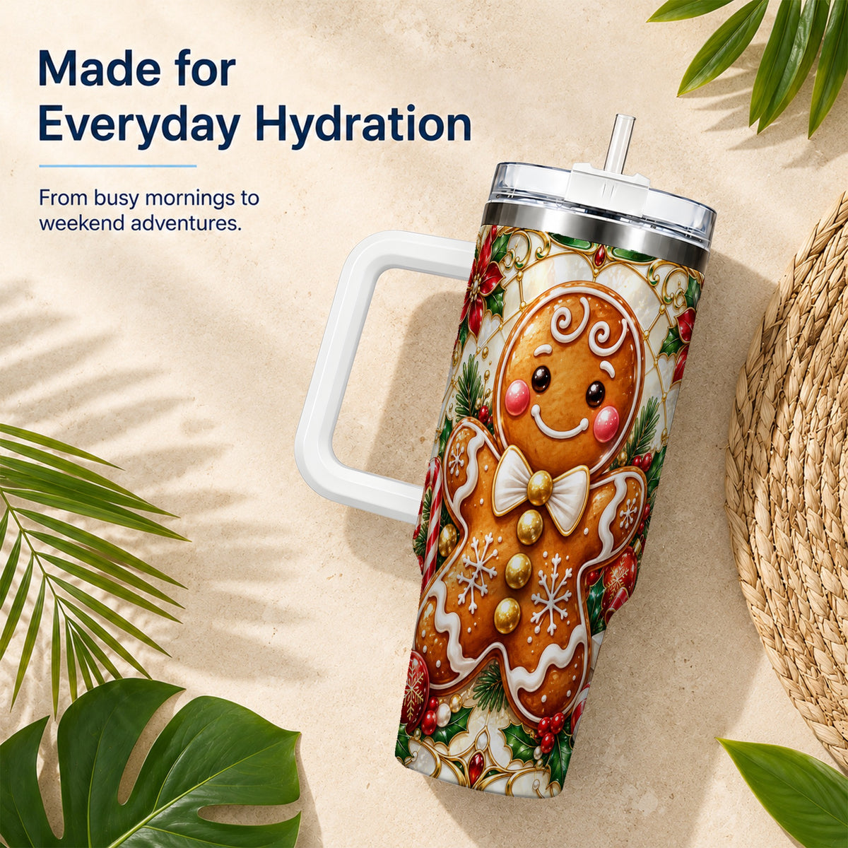 Gingerbread Man 40oz Tumbler with Handle, Festive Cookie Travel Cup