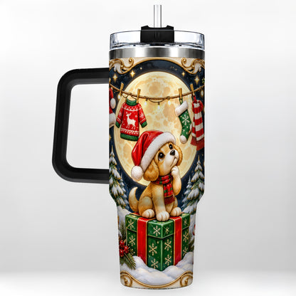#pl[40oz|Black] Christmas Puppy 40oz Tumbler with Handle, Santa Dog Travel Cup