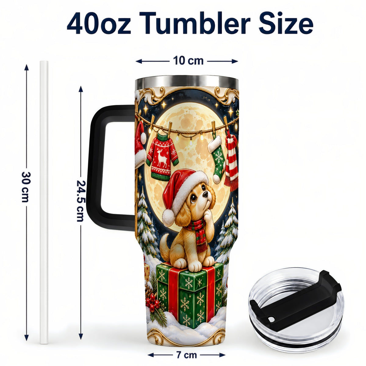 #pl[40oz|Black] Christmas Puppy 40oz Tumbler with Handle, Santa Dog Travel Cup