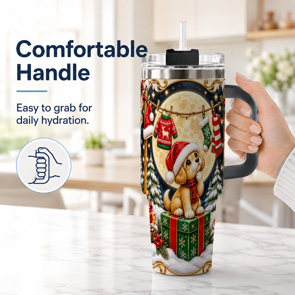 #pl[40oz|Black] Christmas Puppy 40oz Tumbler with Handle, Santa Dog Travel Cup