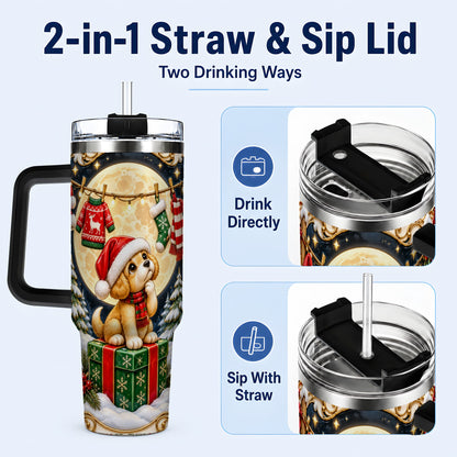 #pl[40oz|Black] Christmas Puppy 40oz Tumbler with Handle, Santa Dog Travel Cup
