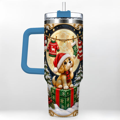 #pl[40oz|Blue] Christmas Puppy 40oz Tumbler with Handle, Santa Dog Travel Cup