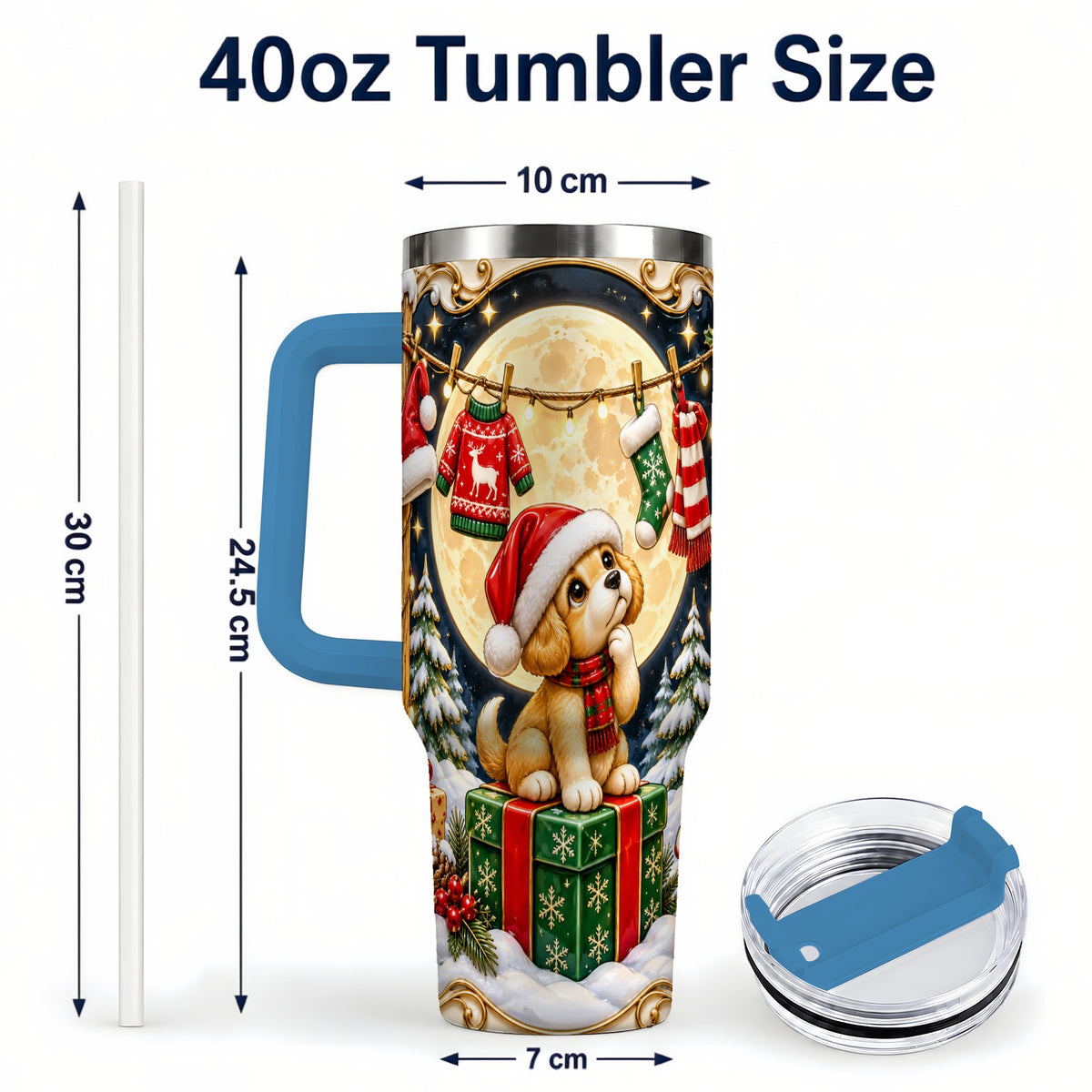 #pl[40oz|Blue] Christmas Puppy 40oz Tumbler with Handle, Santa Dog Travel Cup