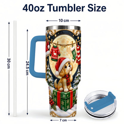 #pl[40oz|Blue] Christmas Puppy 40oz Tumbler with Handle, Santa Dog Travel Cup