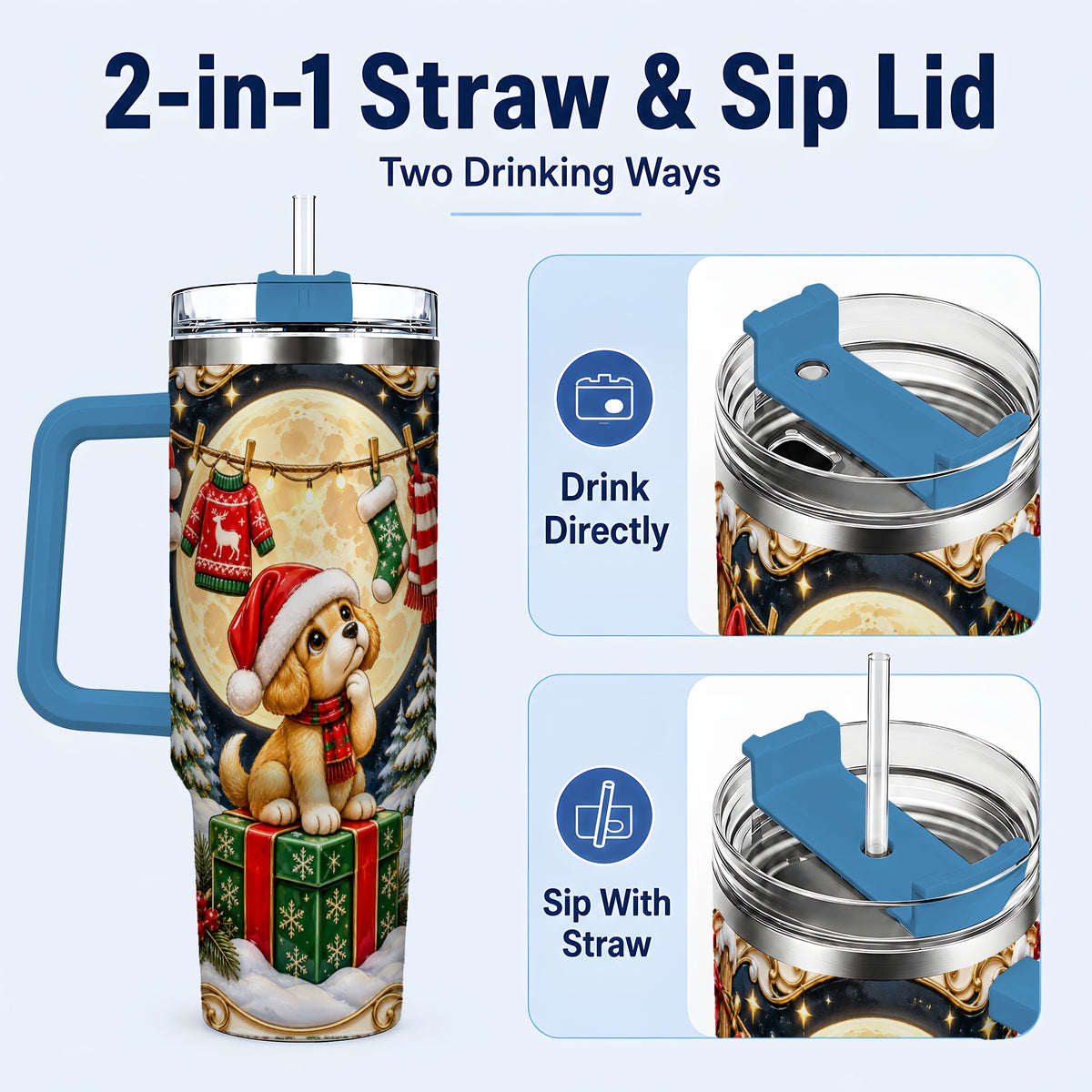 #pl[40oz|Blue] Christmas Puppy 40oz Tumbler with Handle, Santa Dog Travel Cup